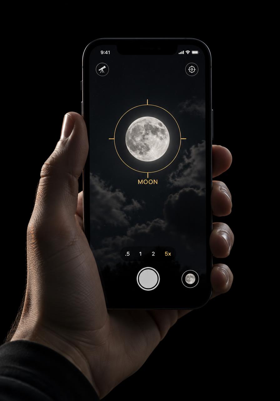 A hand holding a phone pointed at the Moon in Stellar Watch